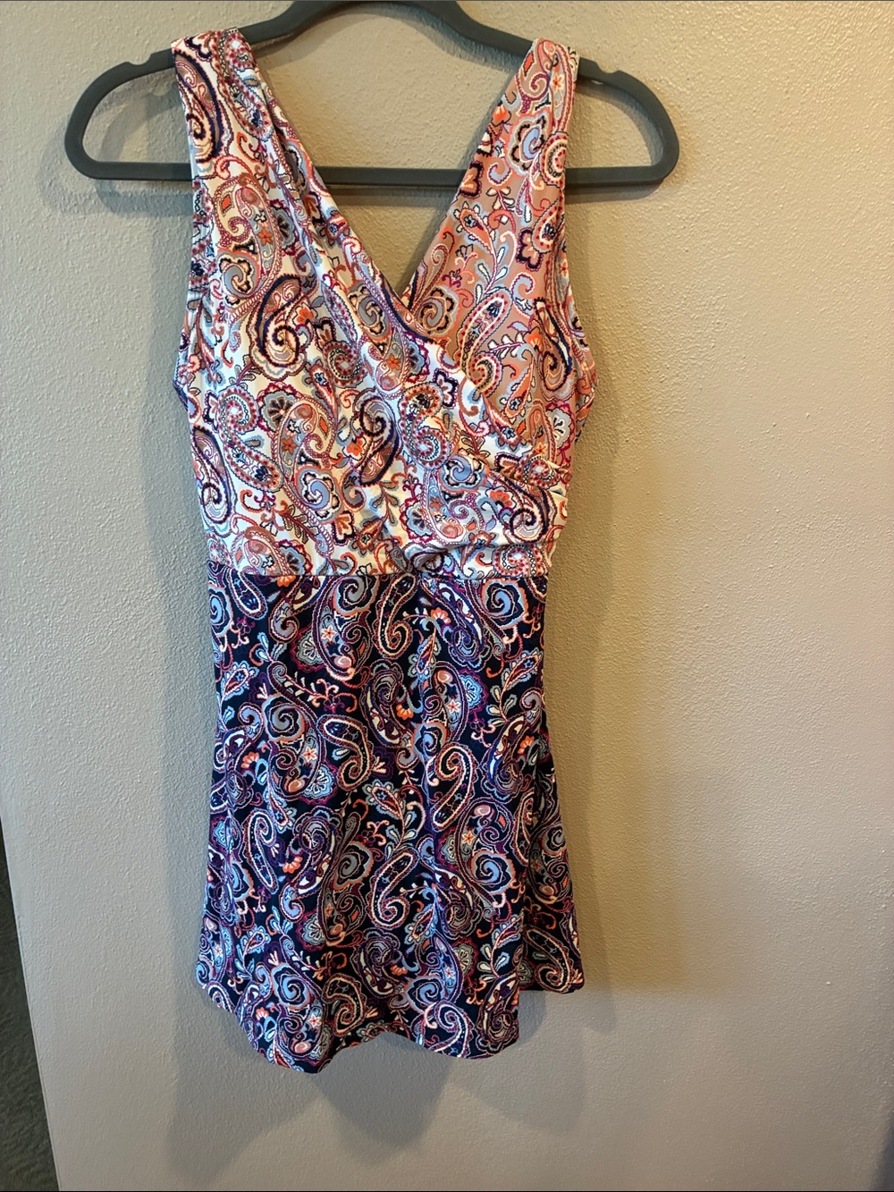 Lands' End Women's Swim Dress, Orange, Navy, White Paisley